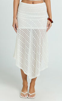 Hayden Midi Skirt - Low Waisted Asymmetrical Lace Midi Skirt in White