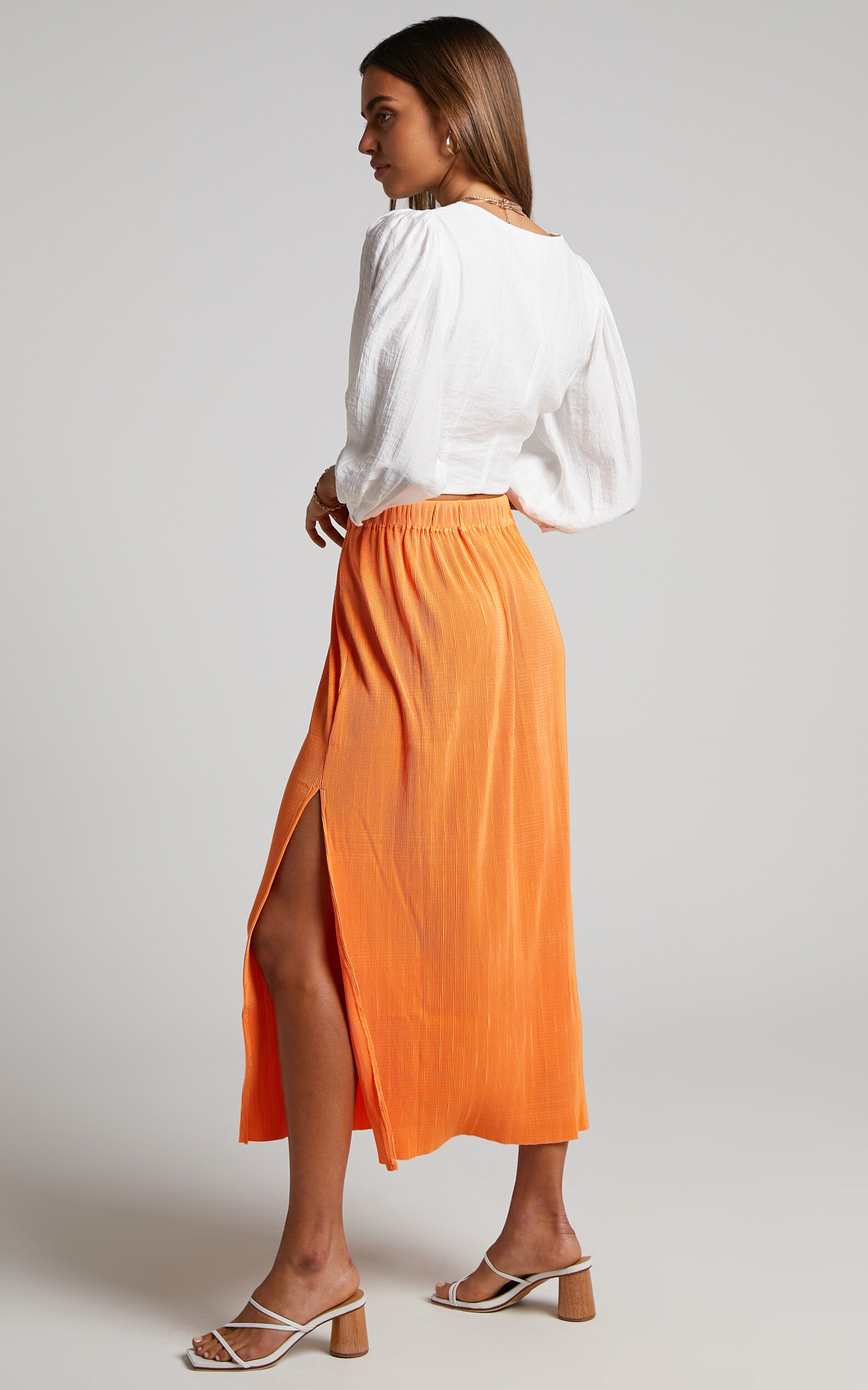 Amarante Midi Skirt Side Split Plisse Skirt in Orange