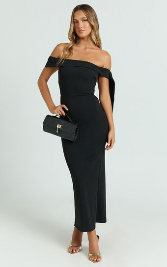 Moira Midi Dress - Off The Shoulder Knot Detailing Dress in Black