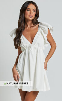 Raiza Mini Dress - Ruffle Sleeve Tie Back Plunge Dress in Off White