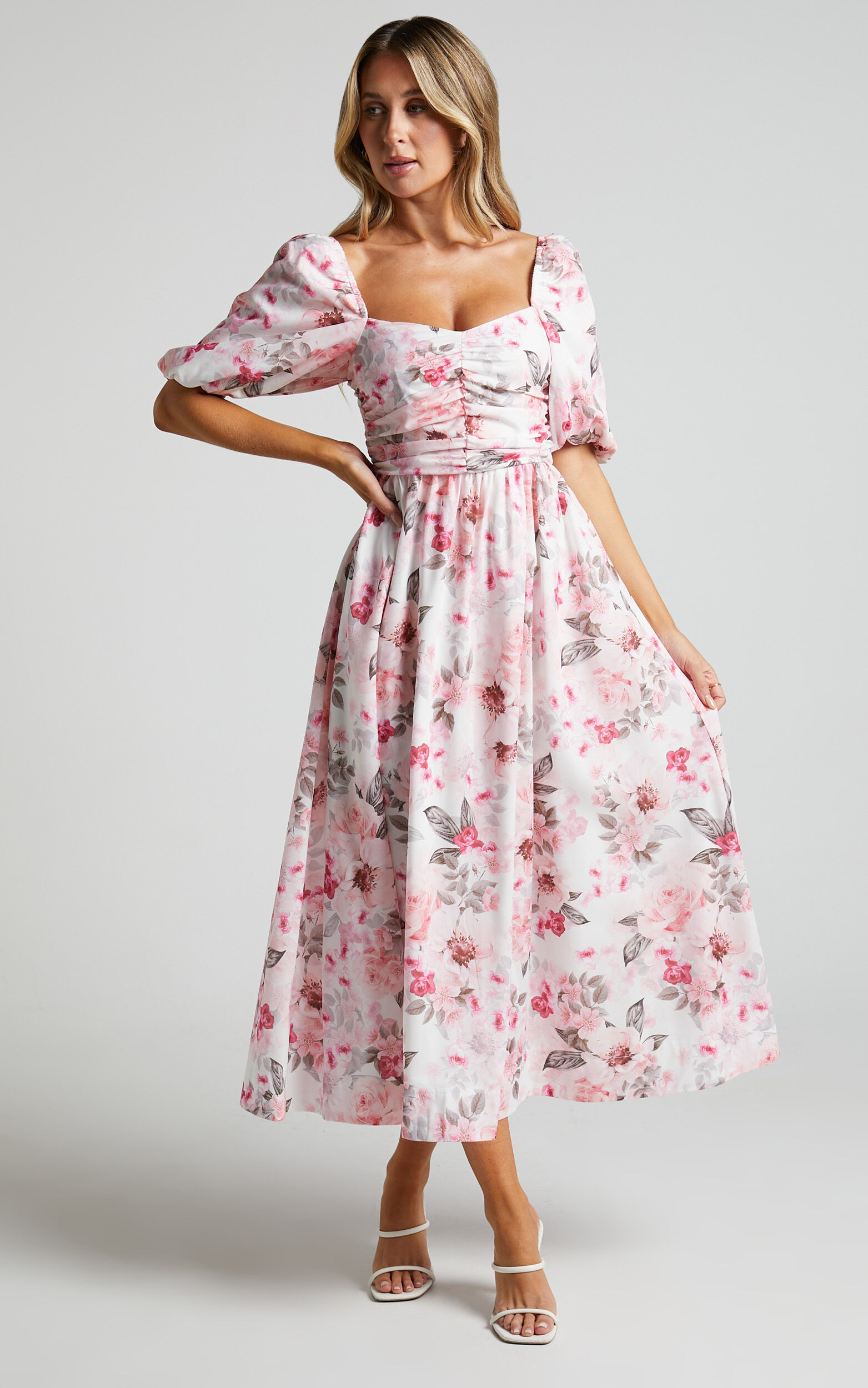 Haxzel Midi Dress - Ruched Bust Puff Sleeve Dress in Bouquet