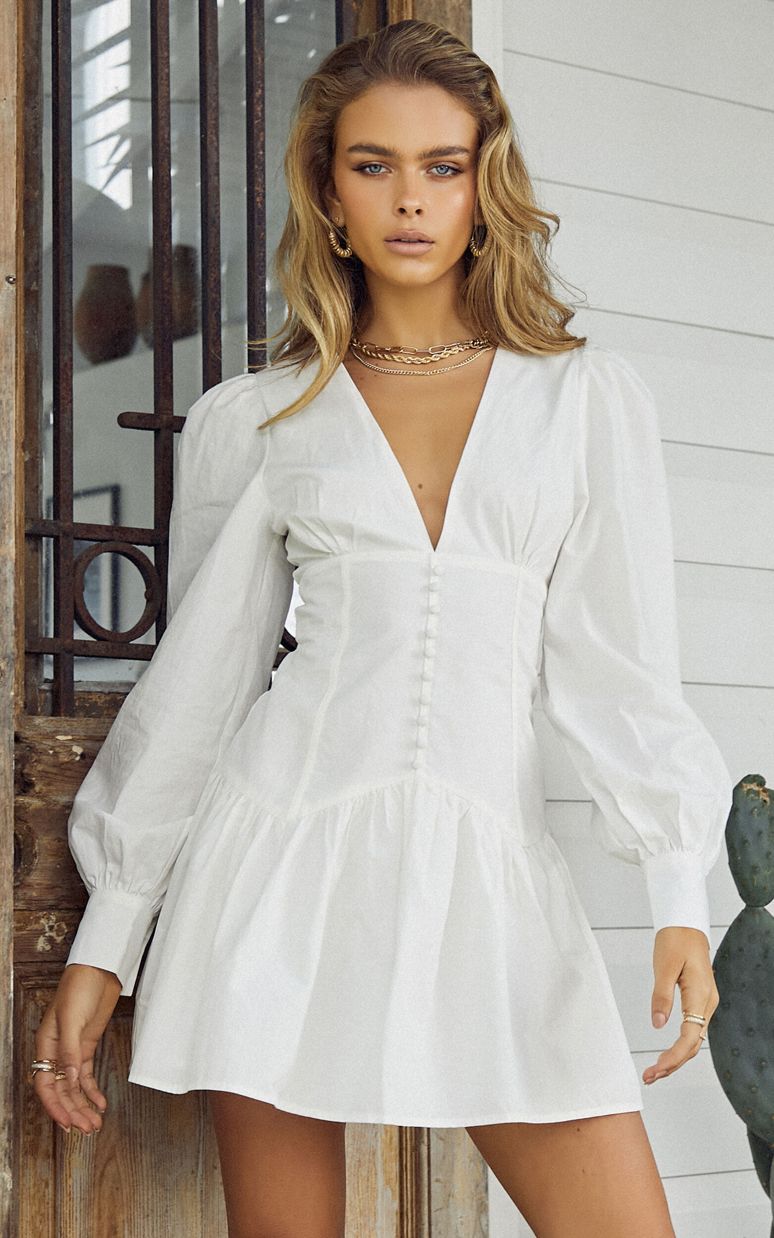 White long sleeve short flowy dress on sale