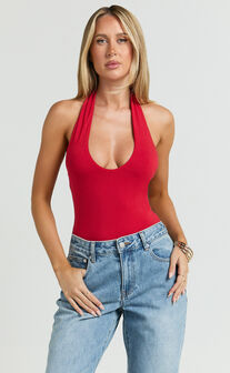 Suzanna Bodysuit - V Neck Halter Bodysuit in Red