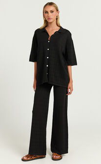 Tommy Two Piece Set - Knit Button Through Top and Pants Two Piece Set in Black