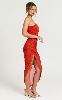 Lyesha Maxi Dress - Ruched Asymmetric Bodycon Dress in Orange