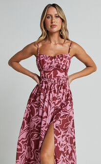 Lydie Midi Dress - Strappy Ruched Bust Shirred Back Dress in Whirlwind Floral Print