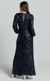 Mariella Midi Dress - Sequin Long Sleeve Thigh Split Dress in Navy | Showpo