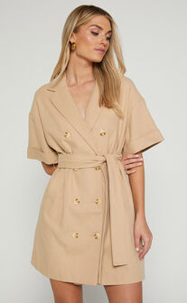 Cyrus Mini Dress - Waist Wrap Short Sleeve Blazer Mini Dress in Stone