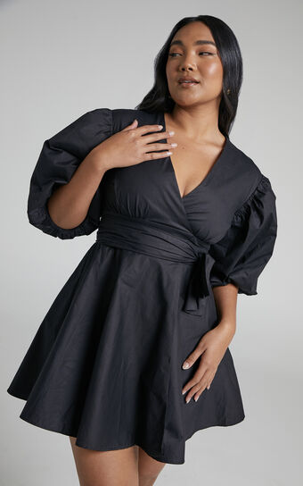 Zyla Mini Dress - Puff Sleeve Wrap Dress in Black