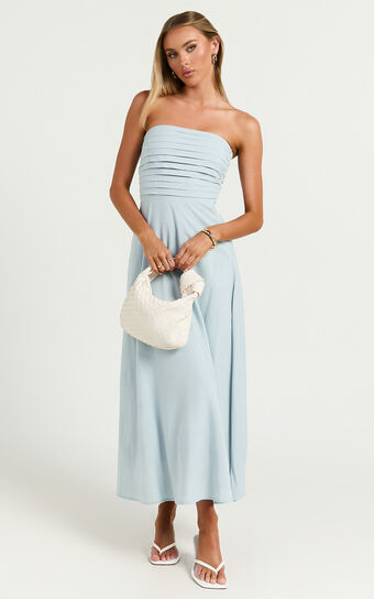 Barbra Midi Dress - Strapless Ruched Bodice Dress in Blue