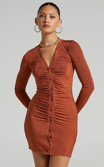 Shanti Mini Dress - Ruched Button Front Dress in Rust