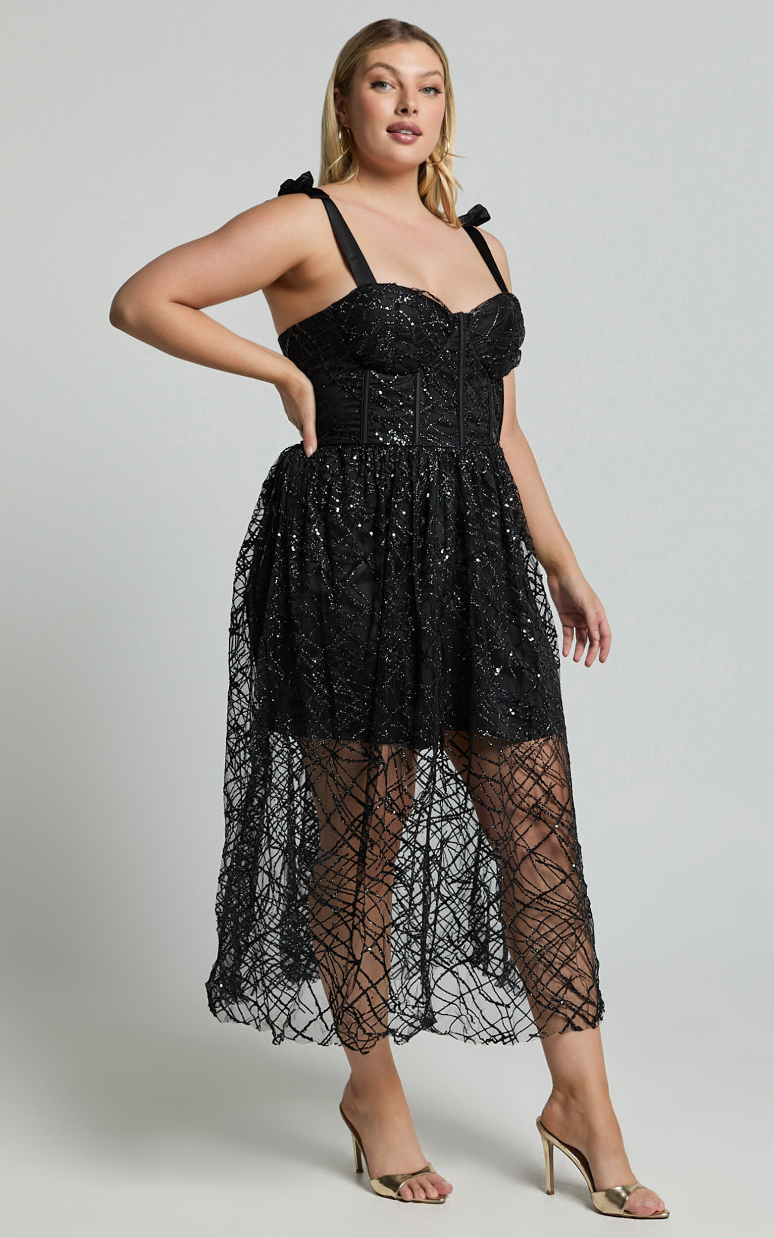 Rimea Midi Dress - Tie Shoulder Bustier Bodice Glitter Tulle
