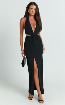 Rose Maxi Dress - Plunge Halter Front Split Dress in Black