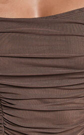 Casen Bodysuit - Long Sleeve Ruched Mesh Bodysuit in Chocolate | Showpo