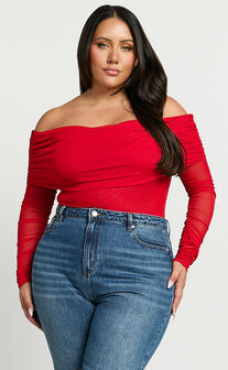 Jaythen Bodysuit - Long Sleeve Off Shoulder Ruched Mesh Bodysuit in Red