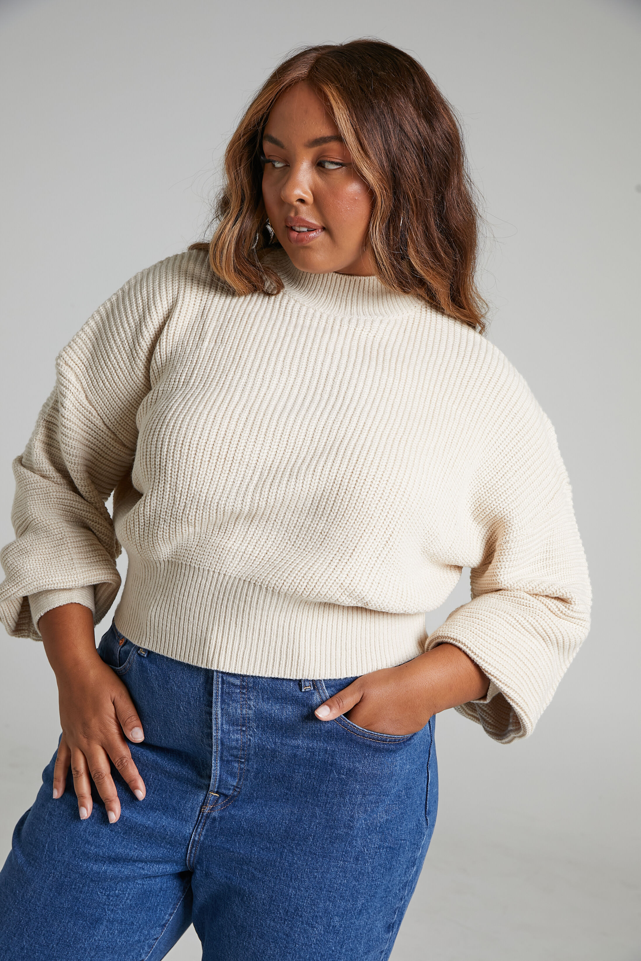 Valerie Jumper High Neck Balloon Sleeve Knit Jumper in Cream