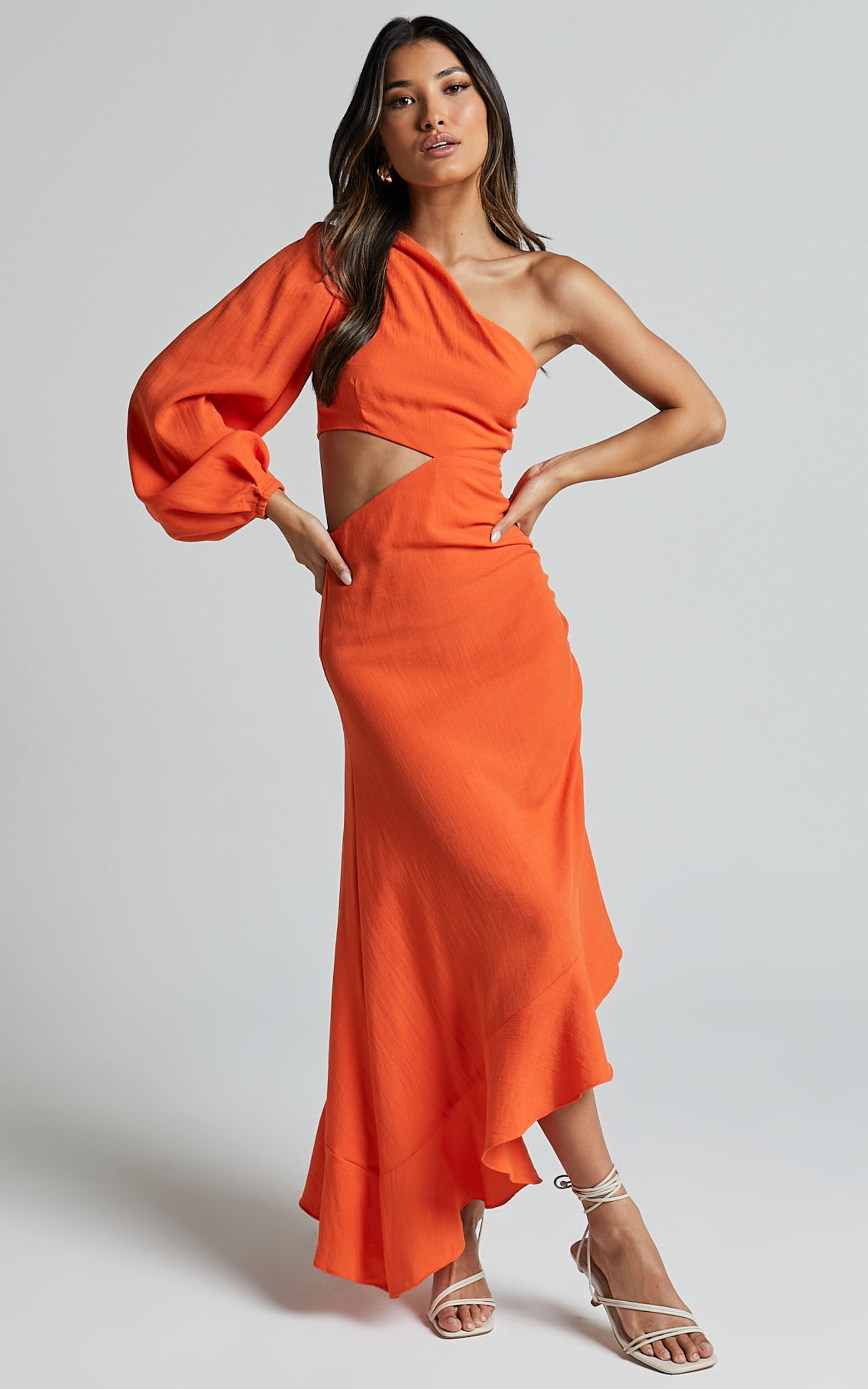 Madalyn Midi Dress - One Shoulder Long Puff Sleeve Asymmetric Side Cut Out Ruched Side in Orange - 06, ORG1