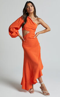 Madalyn Midi Dress - One Shoulder Long Puff Sleeve Asymmetric Side Cut Out Ruched Side in Orange
