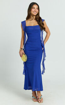 Rosha Midi Dress - Ruffle Strap Dress in Electric Blue