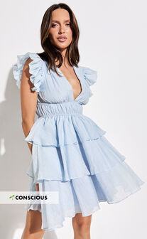 Elbertine Mini Dress - Flutter Sleeve Pleated Dress in Pale Blue
