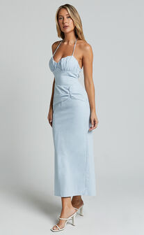 Zora Midi Dress - Halter Ruched Bust Slip Dress in Pale Blue