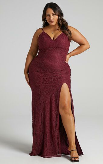 Always Extra Maxi Dress - Thigh Split Dress in Wine Lace
