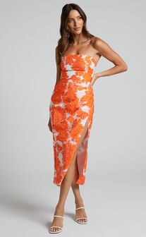 Brailey Midi Dress - Thigh Split Strapless Dress in Orange & White Jacquard