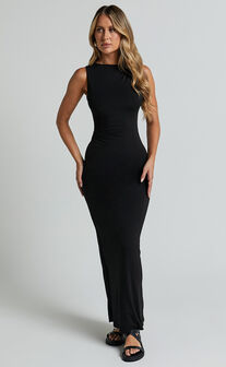 Aisha Midi Dress - Sleeveless Twist Strap Bodycon Dress in Black