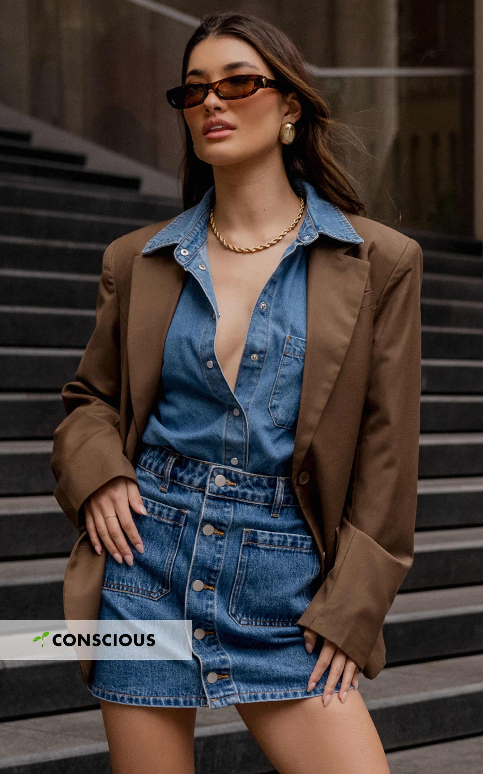 Collins Top - Long Sleeve Button Through Denim Shirt in Mid