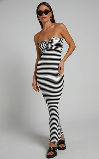 Aravis Midi Dress - Twist Detail Strapless Dress in Black and White Stripe