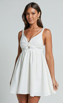 Jhency Mini Dress - Strappy Ruched Bust Dress in White