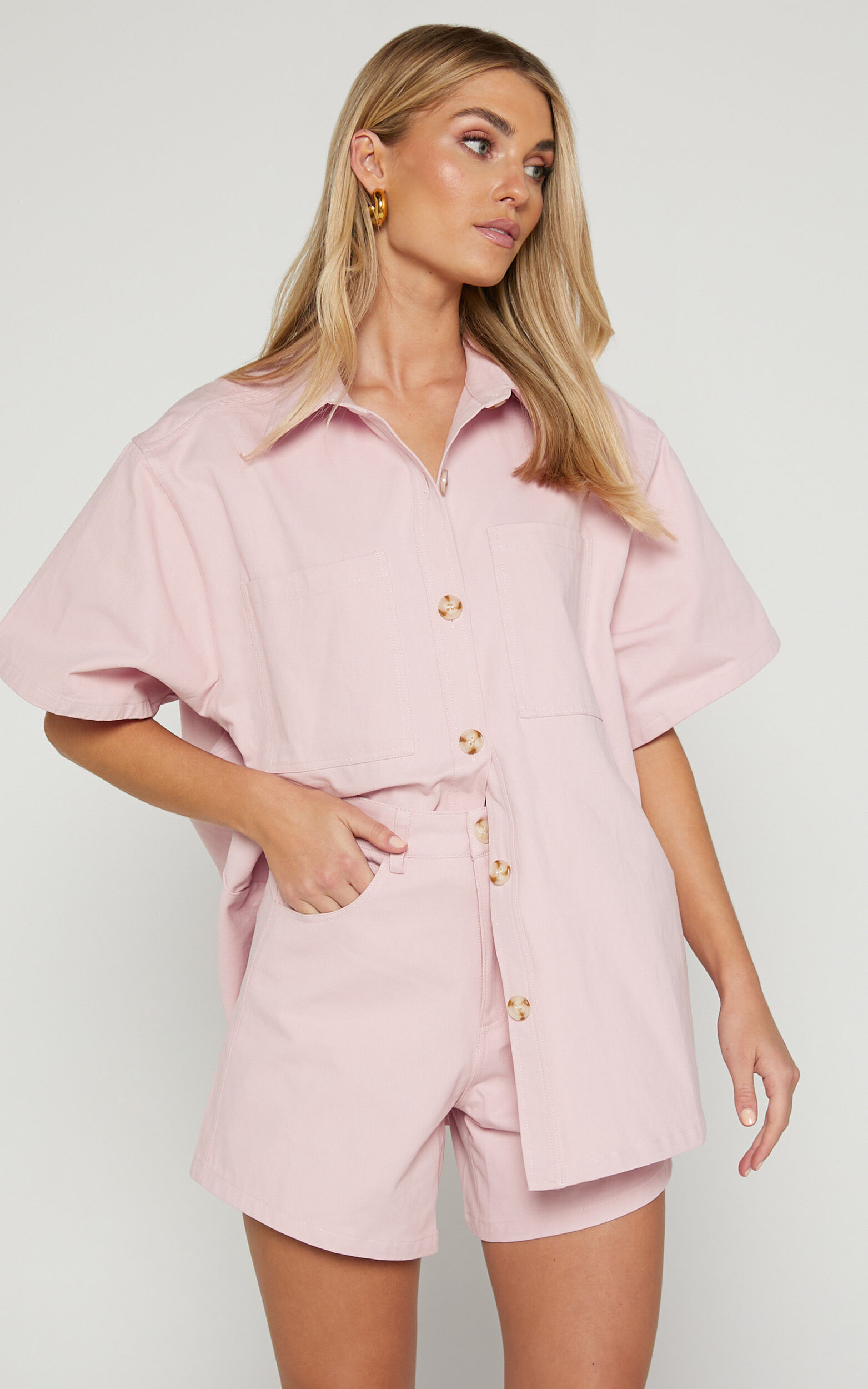 Elsa Two Piece Set - Collared Button Through Short Sleeve Shirt High Waisted Shorts in Pale Pink - 06, PNK1