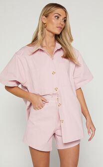 Elsa Two Piece Set - Collared Button Through Short Sleeve Shirt High Waisted Shorts in Pale Pink