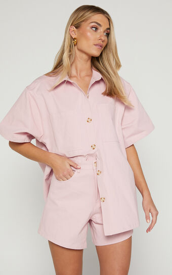 Elsa Two Piece Set - Collared Button Through Short Sleeve Shirt High Waisted Shorts in Pale Pink