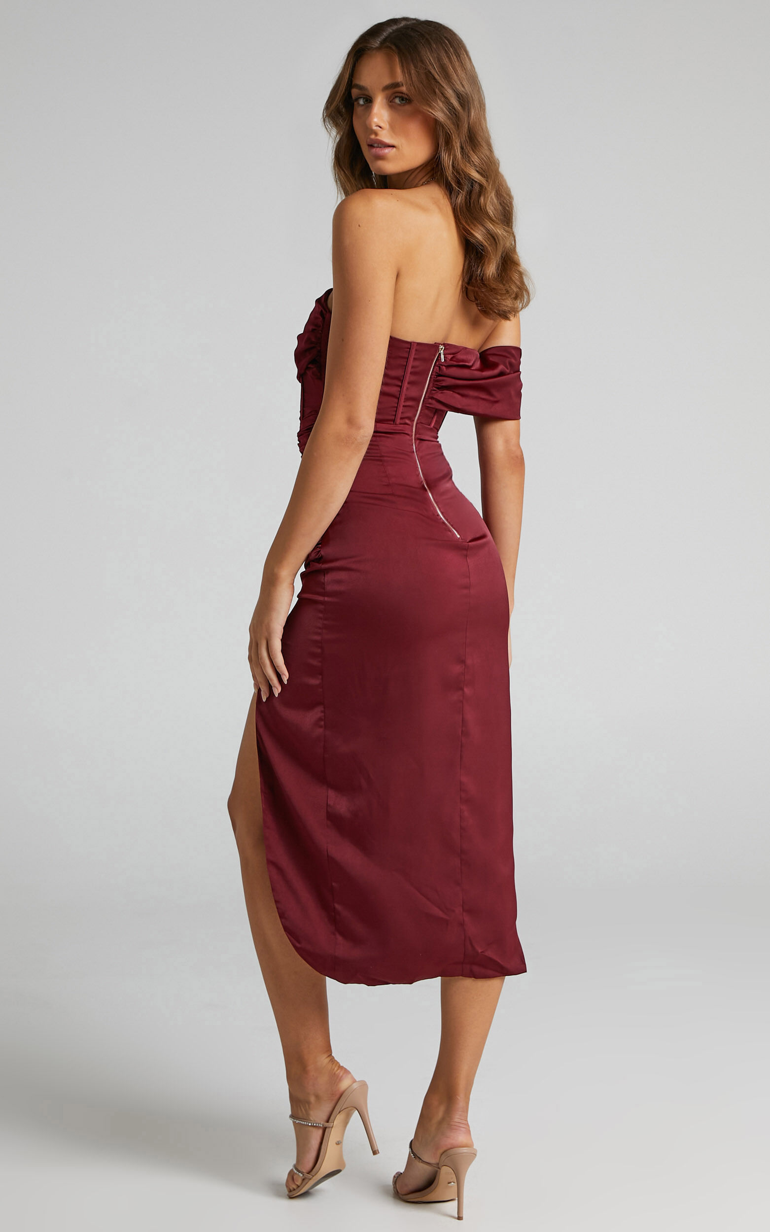 Hawk Midi Dress Off Shoulder Corset Drawstring Detail Dress in Wine