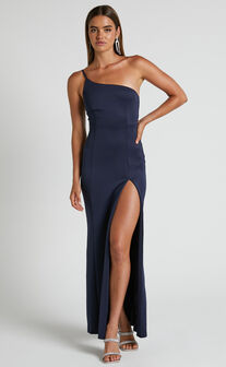 No Ones Fault Midi Dress - One Shoulder Thigh Split Dress in Navy