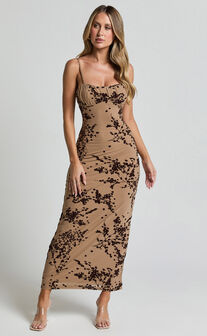 Lindsay Midi Dress - Ruched Chest Velvet Burnout Slip Dress in Brown Floral
