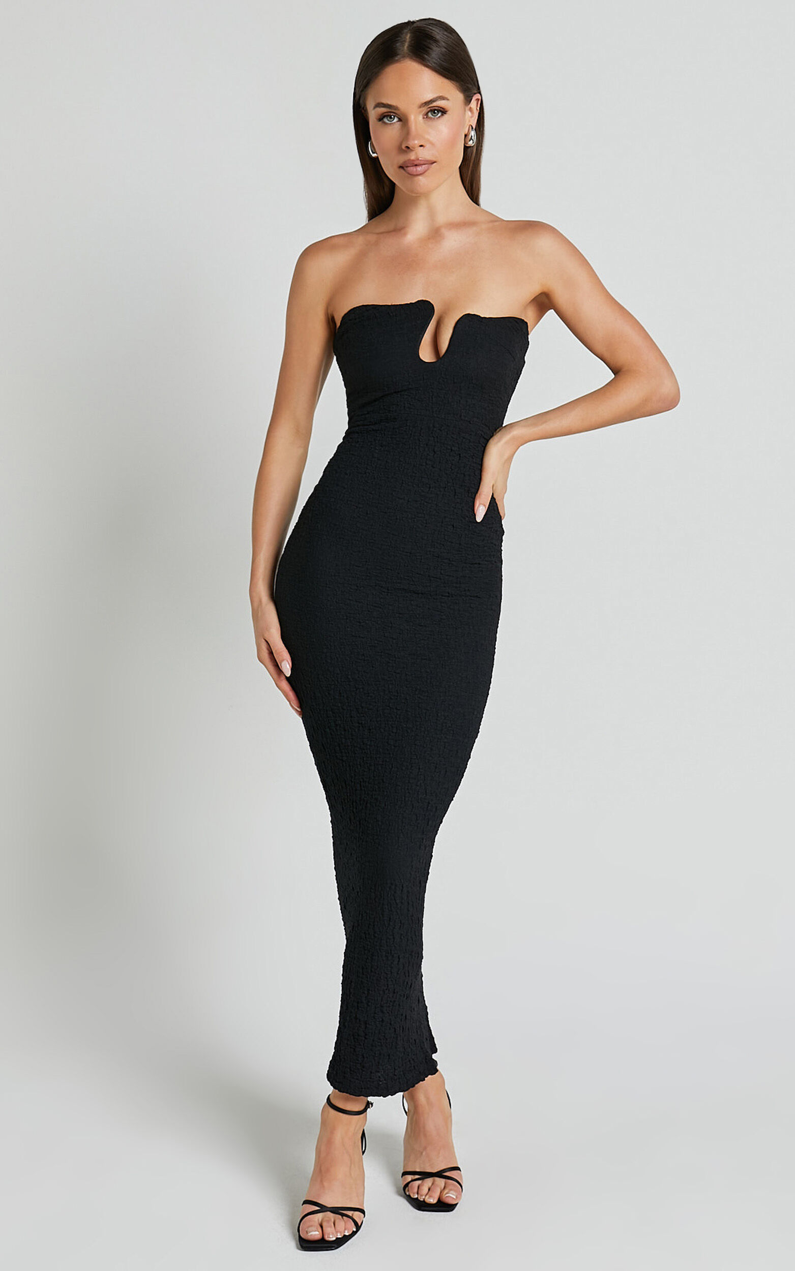 Alberta Maxi Dress- Strapless bust detail textured dress in Black - 06, BLK1