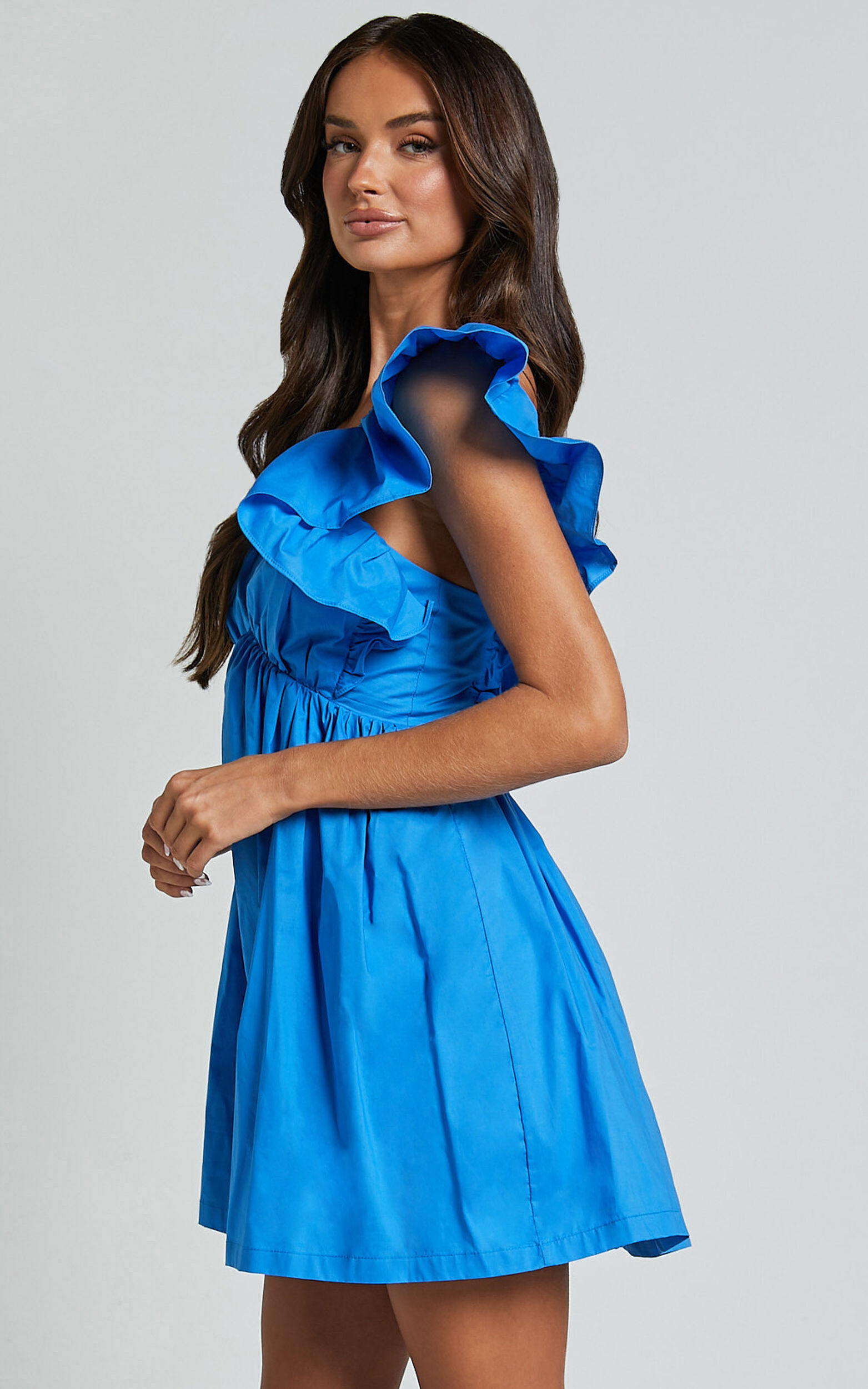Raiza Mini Dress - Ruffle Sleeve Tie Back Plunge Dress in Blue | Showpo NZ
