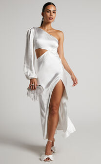 Arichie Midi Dress - Cut Out One Shoulder Balloon Sleeve Dress in White