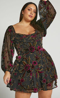 Jessell Mini Dress - Long Sleeve Cowl Corset Dress in Black Floral