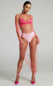 Hanica Midi Dress - Diamante Mesh Long Sleeve Dress in Neon Pink