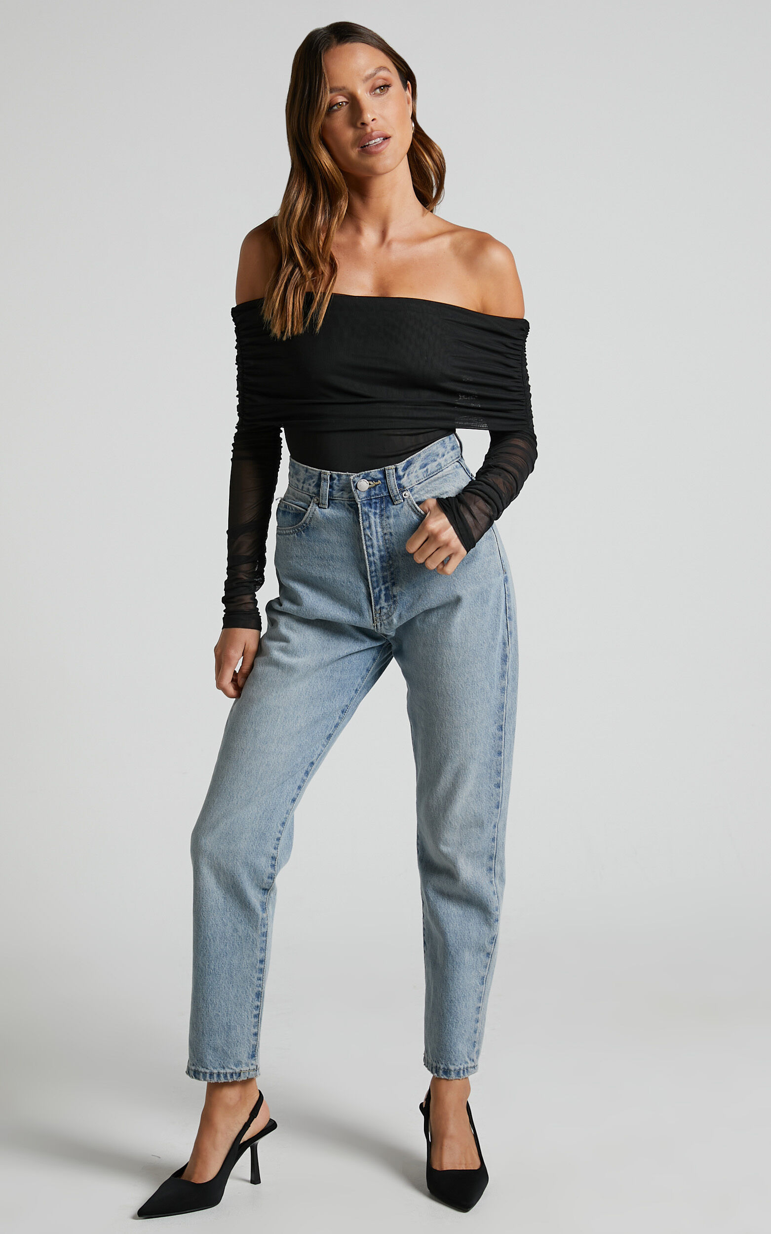Jaythen Bodysuit - Long Sleeve Off Shoulder Ruched Mesh
