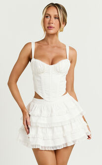 Pascal Top - Lace Trim Ruched Bust Corset Top in Ivory