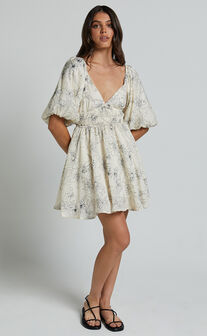 Geeniva Mini Dress - V Neck Tie Back Puff Sleeve Babydoll Dress in Cream Stencil Floral