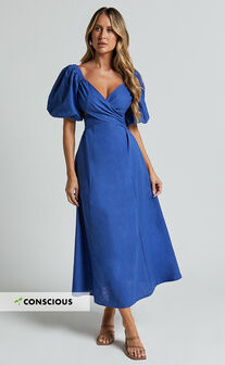 Amalie The Label - Janae Linen Blend Puff Sleeve Cut Out Midi Dress in Blue
