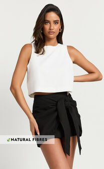 Vicky Top - Linen Look Shift Key Hole Crop Top in White