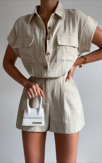Jhaima Playsuit - Linen Look Collared Button Up Playsuit in Oatmeal