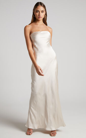 Charlita Maxi Dress - Strapless Cowl Back Satin Dress in Champagne