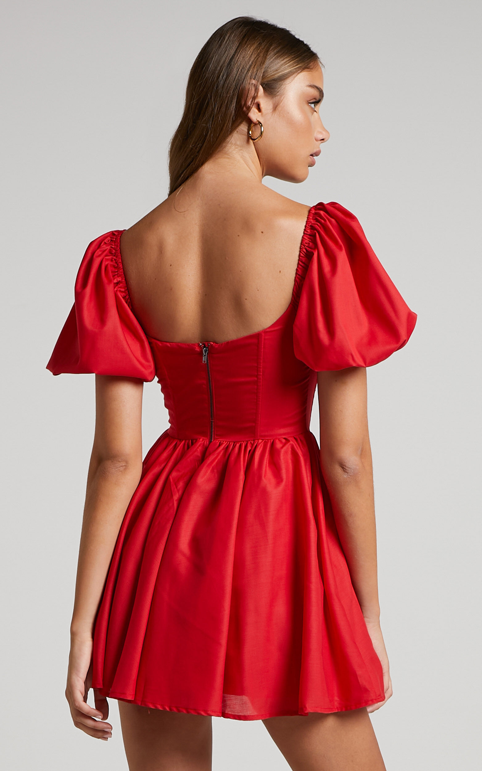 Souza Mini Dress - Fit and Flare Puff Sleeve Corset Dress in Red